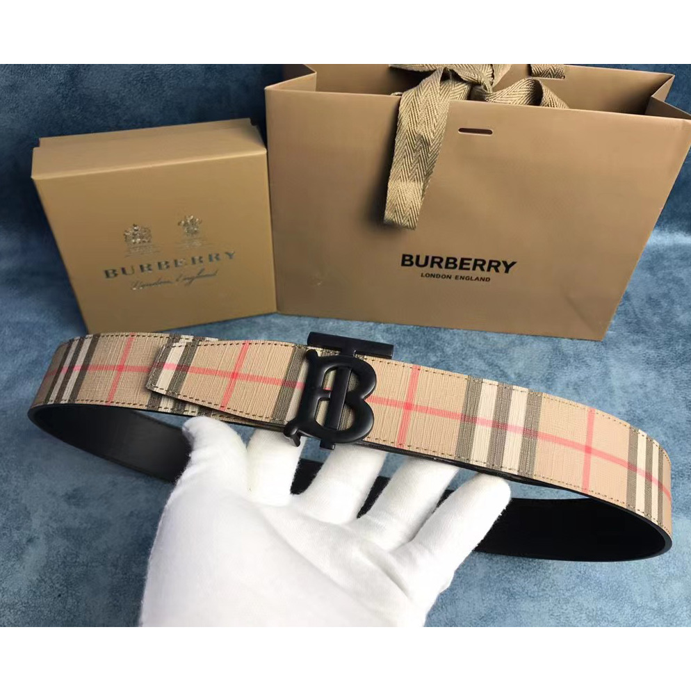 Burberry Check And Leather Reversible TB Belt - DesignerGu