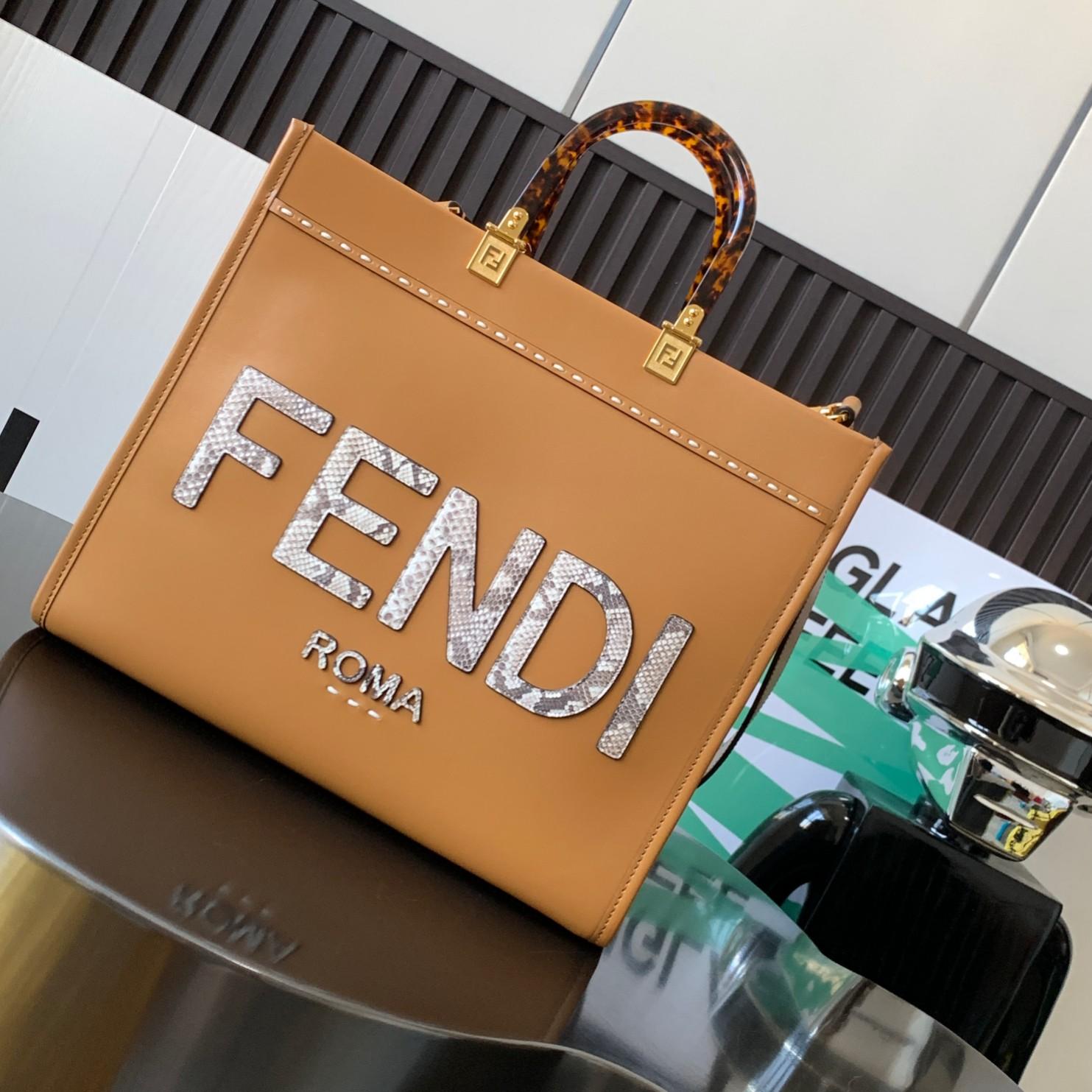 Fendi Sunshine Medium Light Brown Leather And Elaphe Shopper Bag - DesignerGu