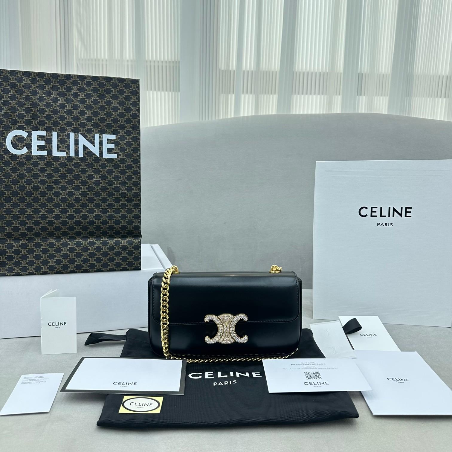 Celine Chain Shoulder Bag Triomphe With Strass Closure In Shiny Calfskin  - DesignerGu