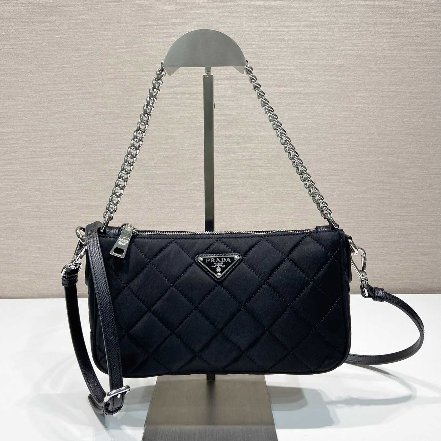 Prada Tessuto Nylon Quilted Chain Convertible Crossbody Bag - DesignerGu