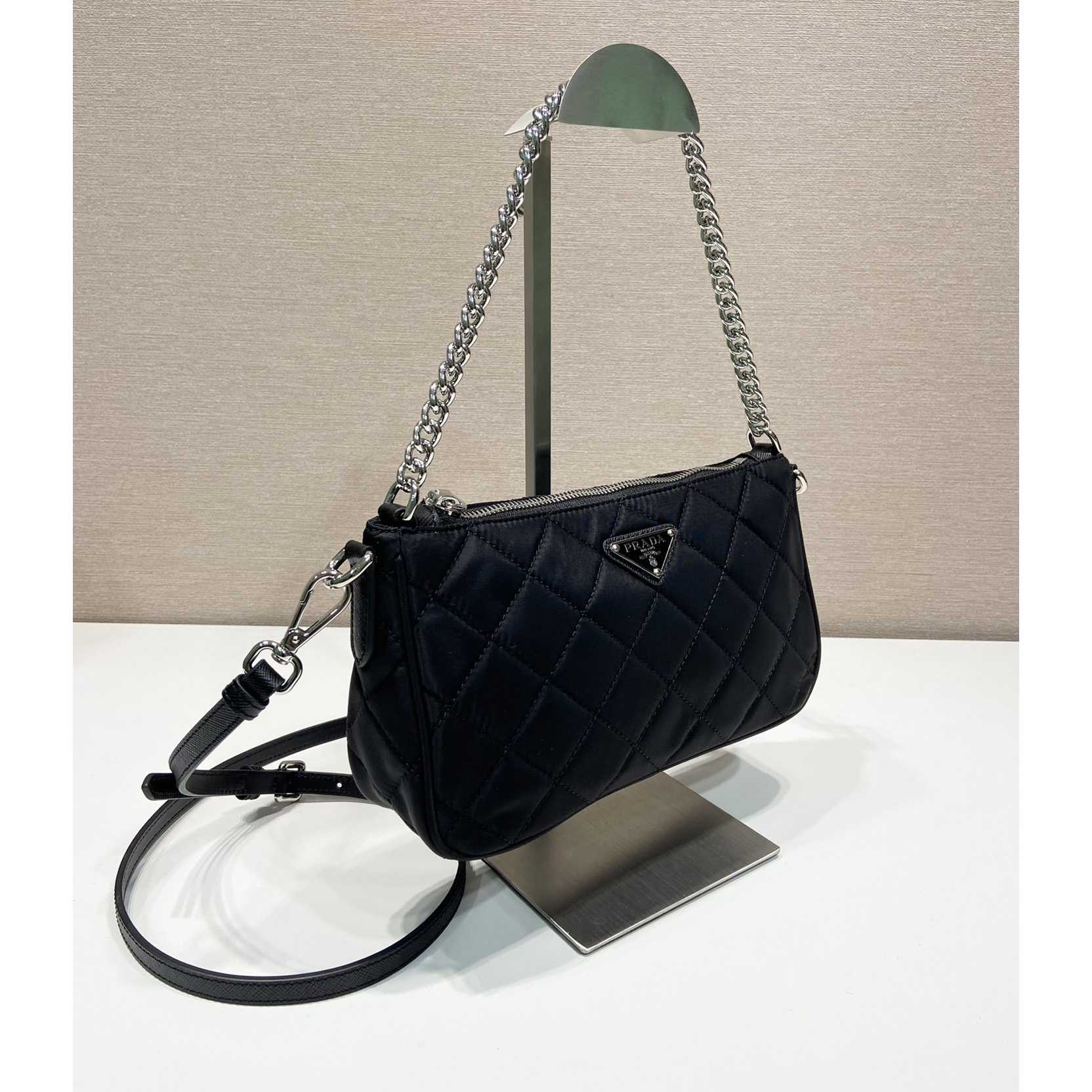 Prada Tessuto Nylon Quilted Chain Convertible Crossbody Bag - DesignerGu