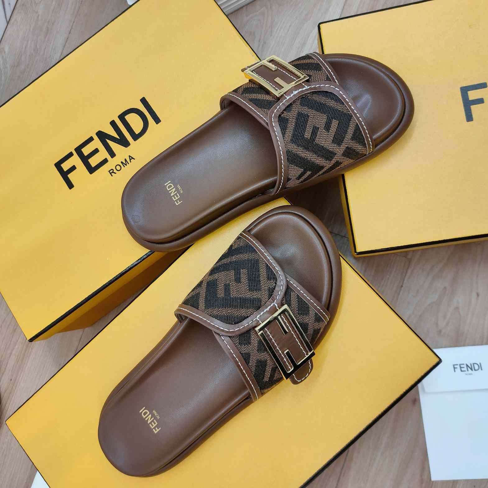 Fendi Feel Brown Fabric Slides - DesignerGu