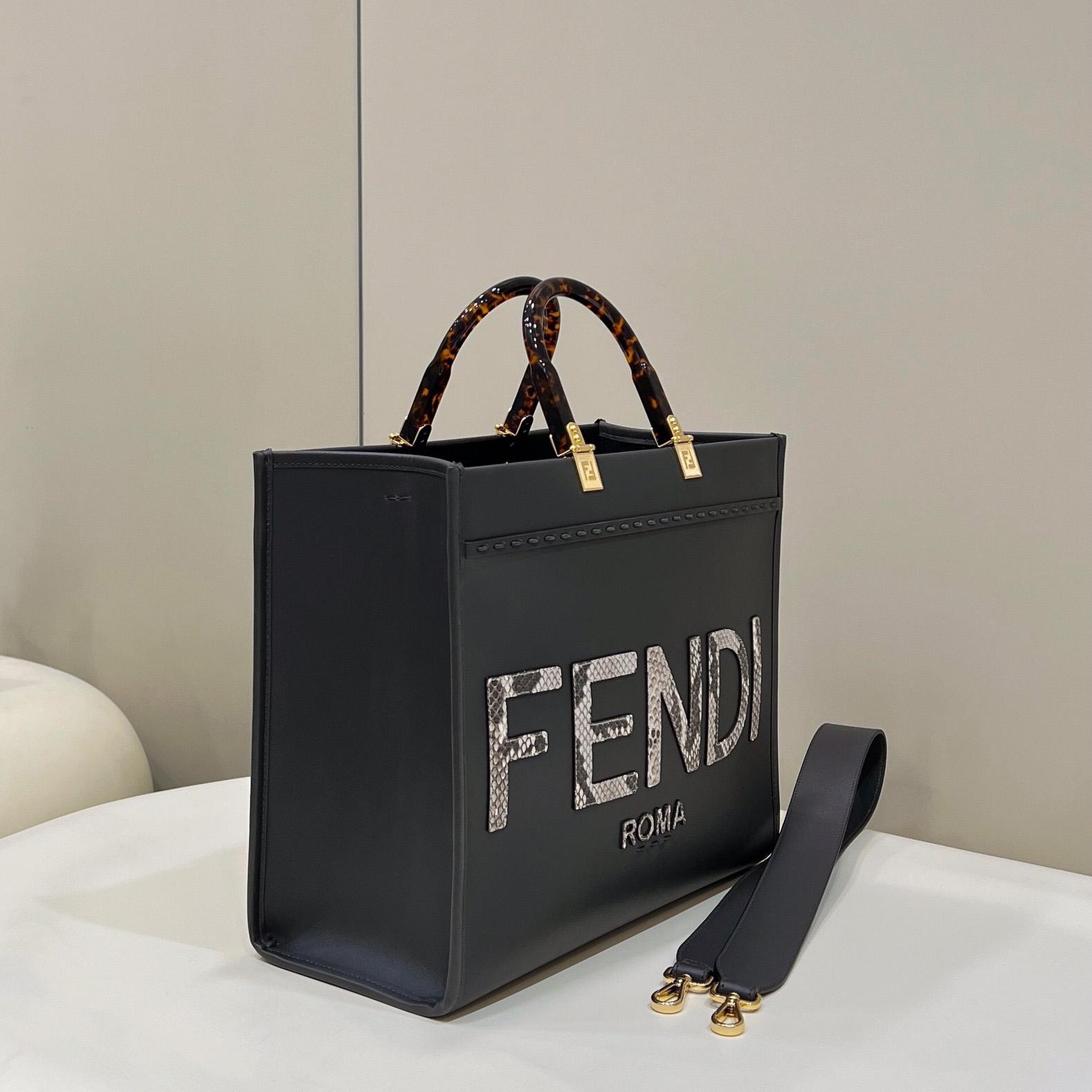 Fendi Sunshine Medium Dark Gray Leather And Elaphe Shopper - DesignerGu