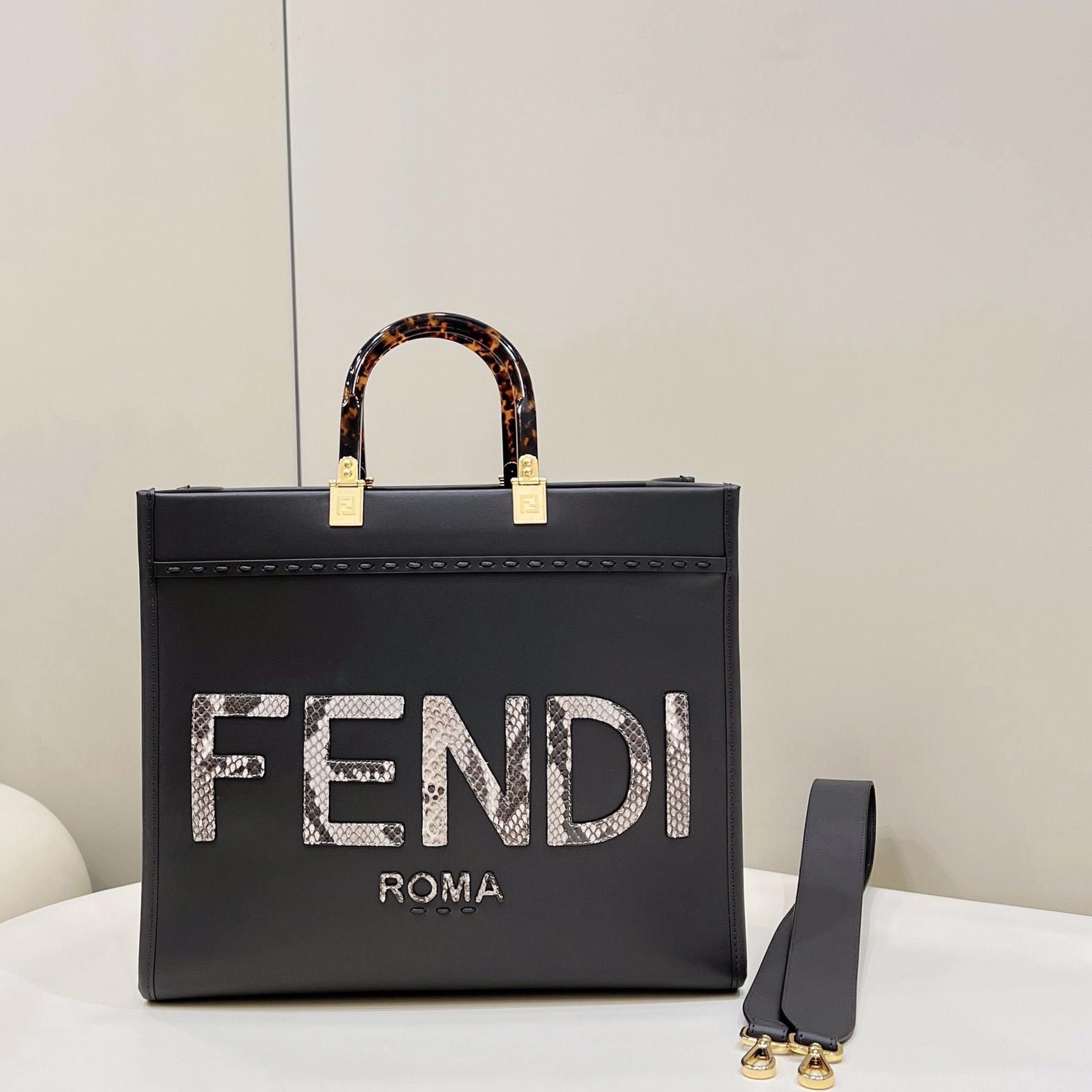 Fendi Sunshine Medium Dark Gray Leather And Elaphe Shopper - DesignerGu