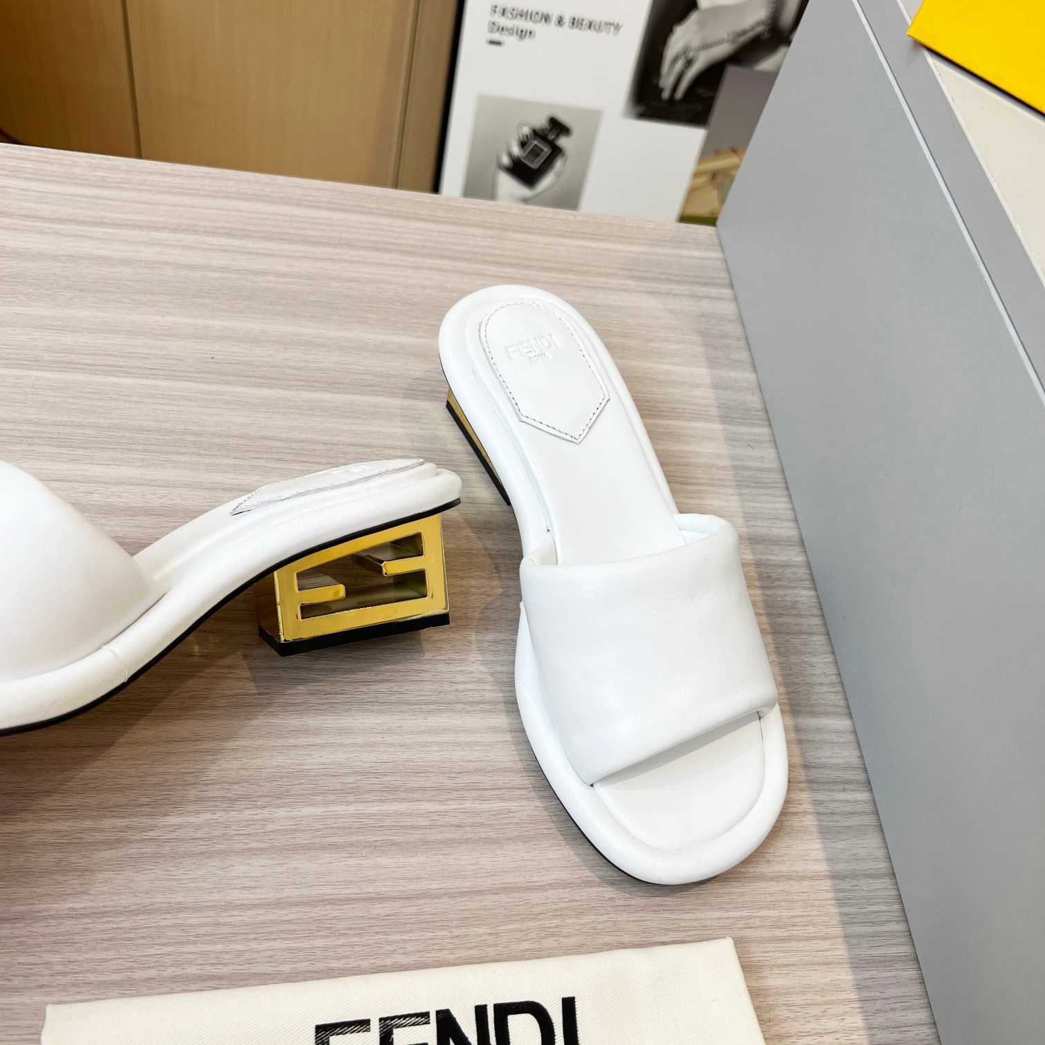 Fendi Baguette White Nappa Leather Slides - DesignerGu