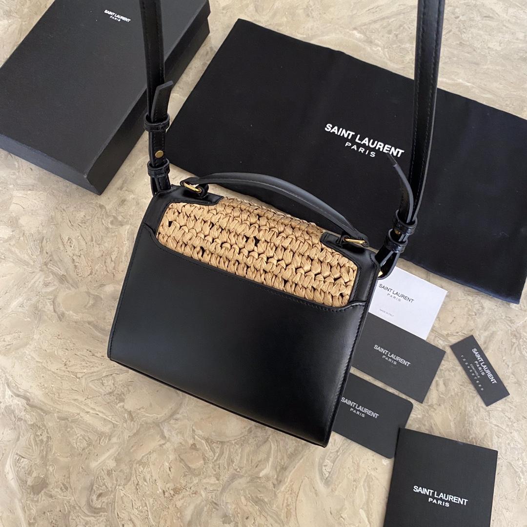 Saint Laurent Cassandra Mini Top Handle Bag In Raffia And Vegetable-Tanned Leather - DesignerGu