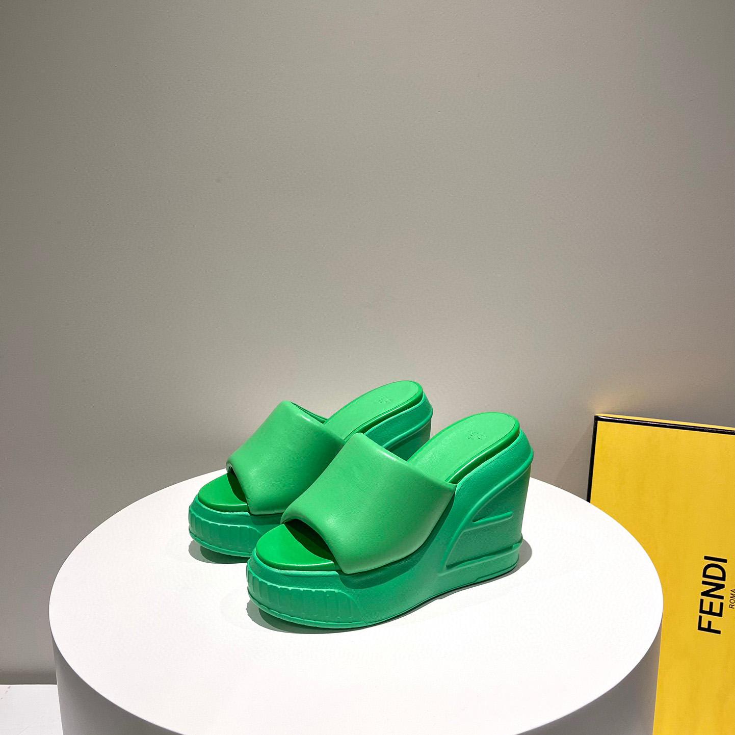 Fendi Fashion Show Green Nappa Leather Slides - DesignerGu