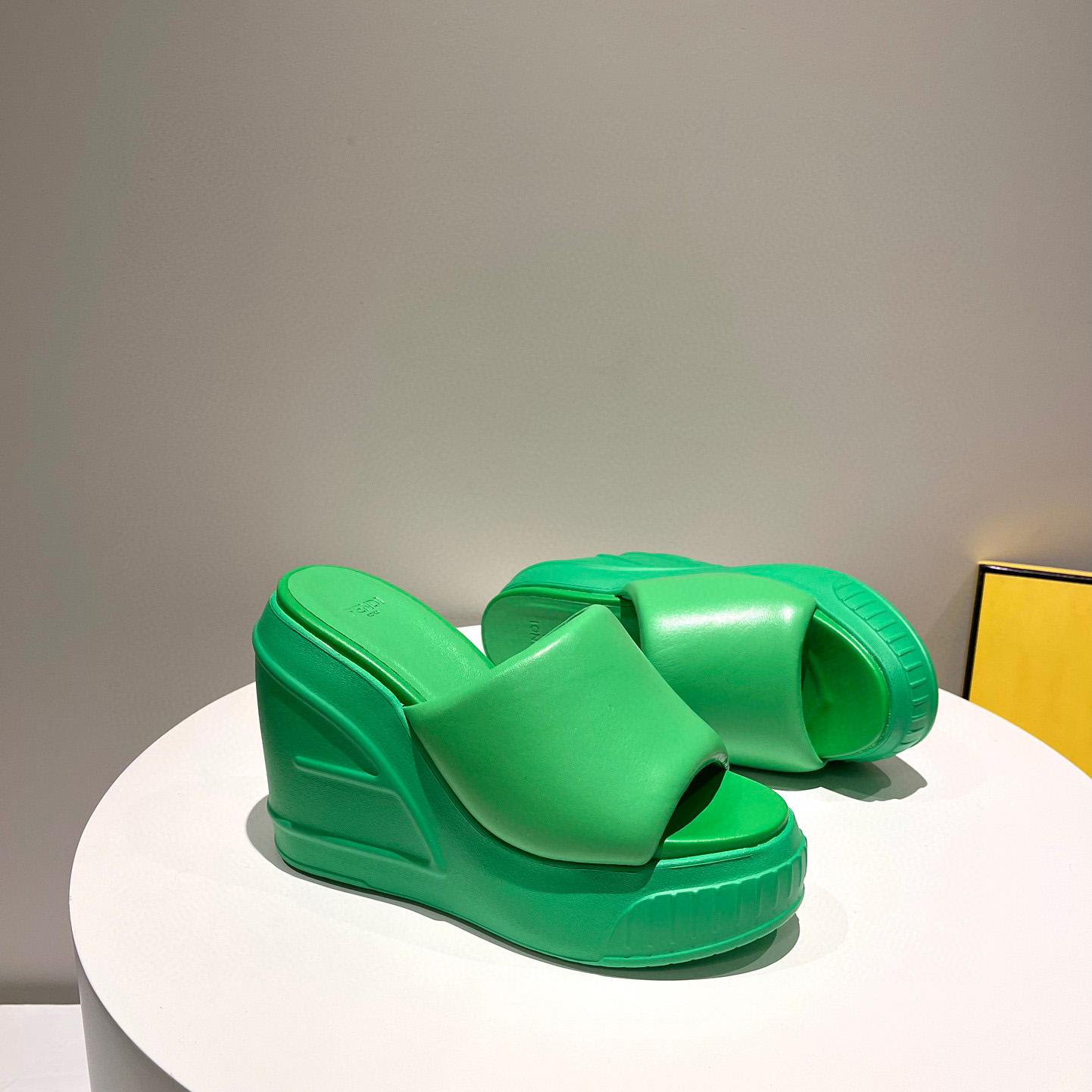 Fendi Fashion Show Green Nappa Leather Slides - DesignerGu