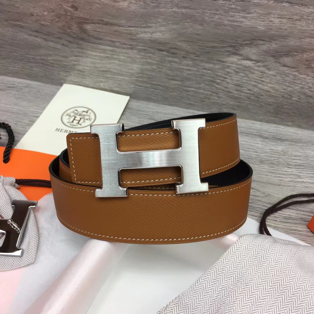 Hermes Brown Leather H Buckle Belt - DesignerGu