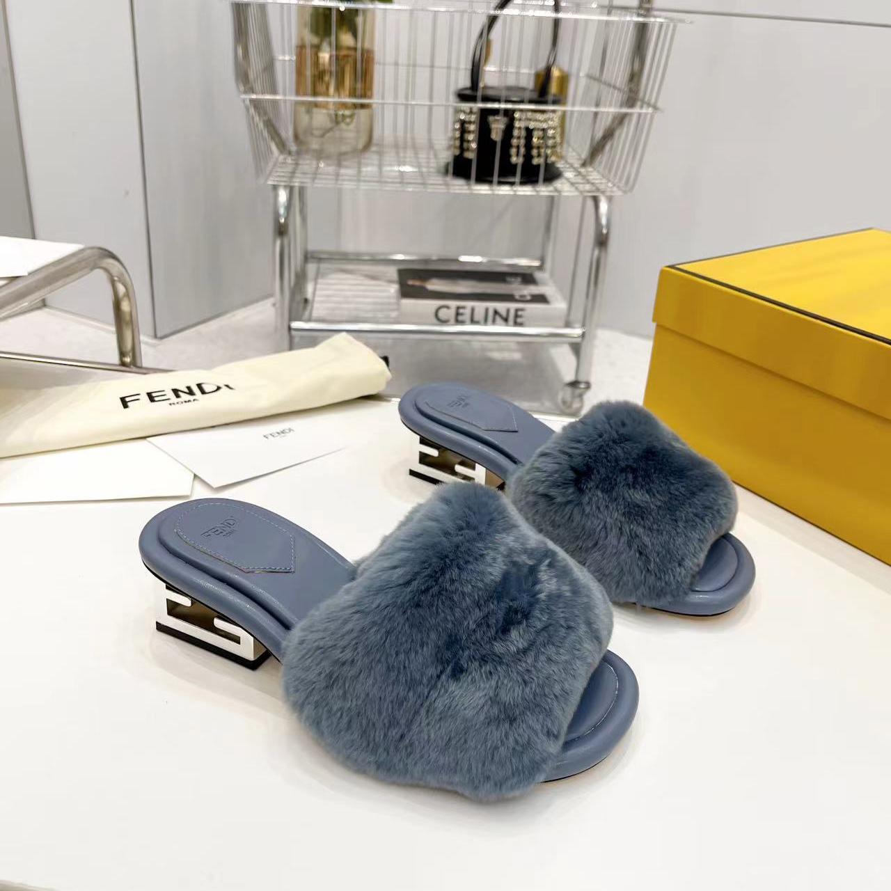 Fendi Baguette Blue Mink Slides - DesignerGu