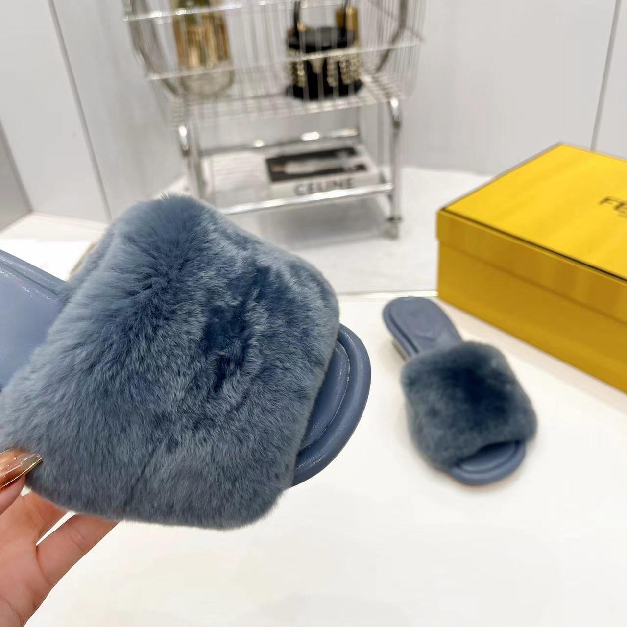 Fendi Baguette Blue Mink Slides - DesignerGu