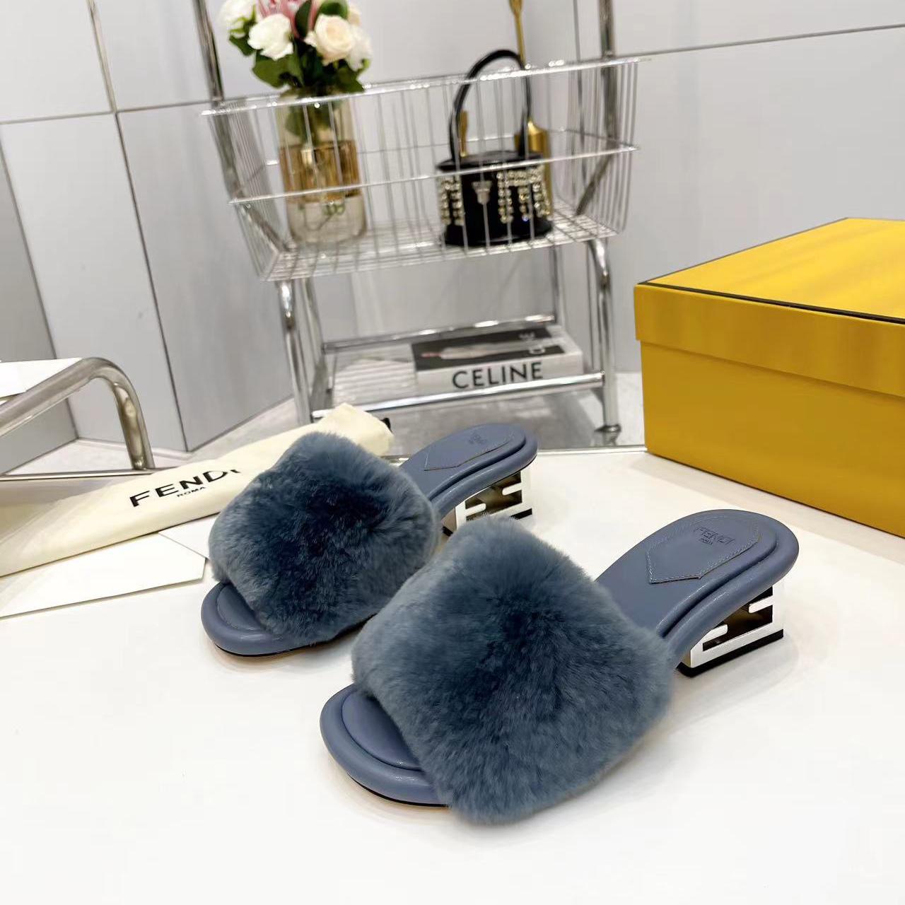 Fendi Baguette Blue Mink Slides - DesignerGu