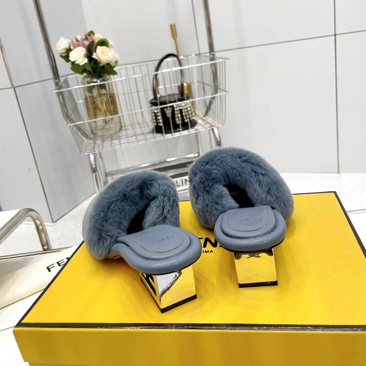 Fendi Baguette Blue Mink Slides - DesignerGu