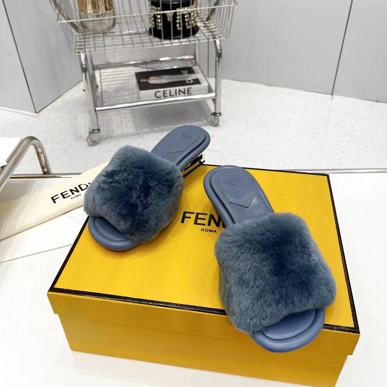 Fendi Baguette Blue Mink Slides - DesignerGu