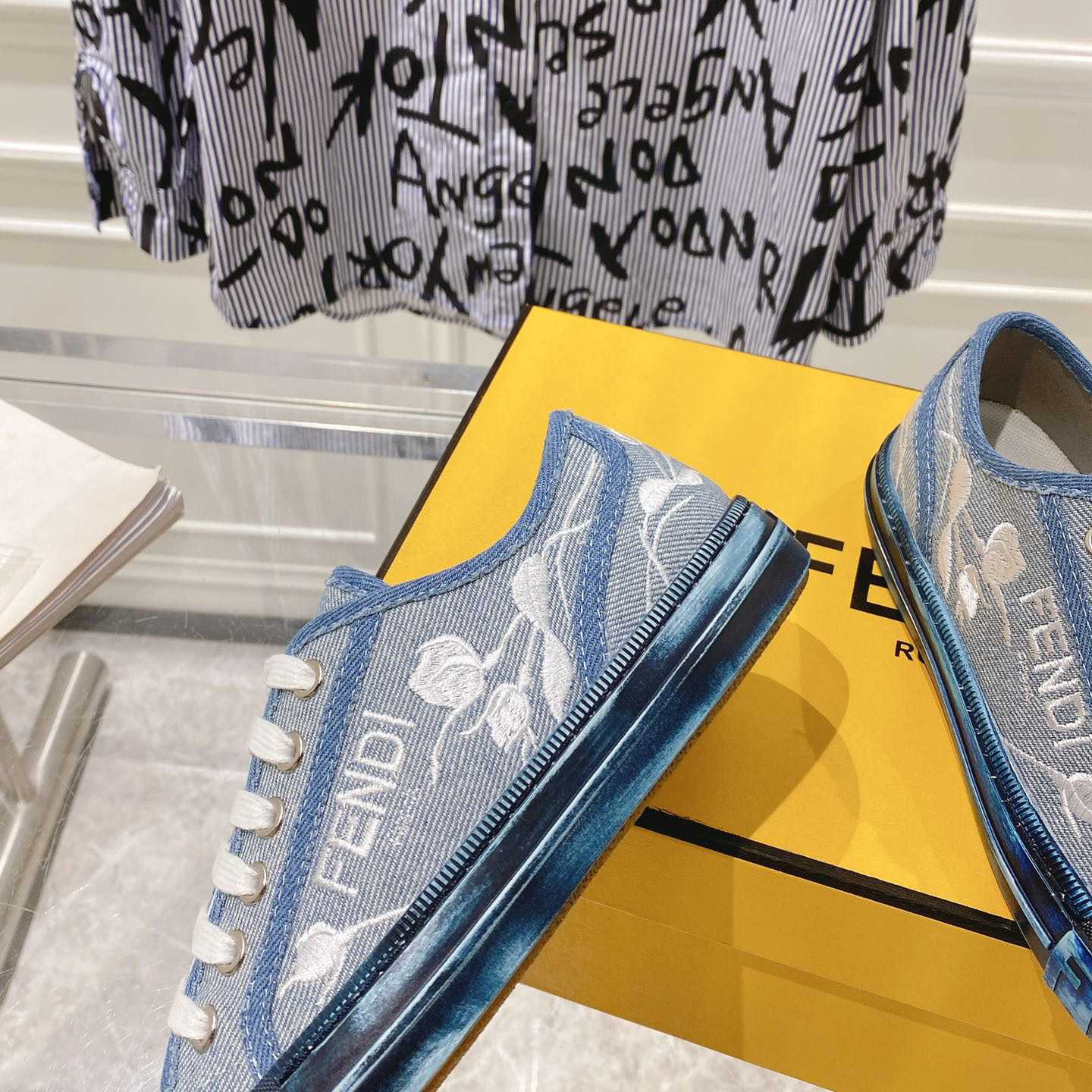 Fendi Domino Light Blue Denim Low Tops Sneakers - DesignerGu