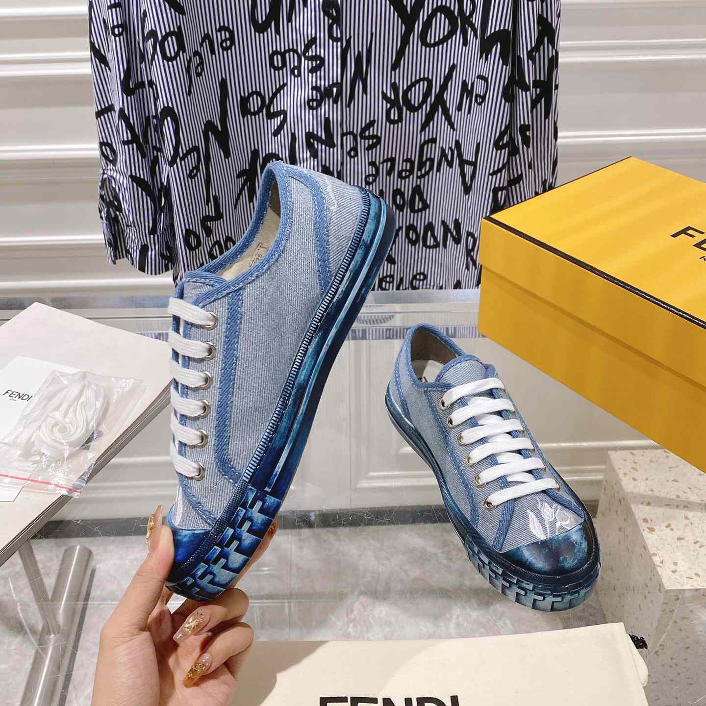 Fendi Domino Light Blue Denim Low Tops Sneakers - DesignerGu