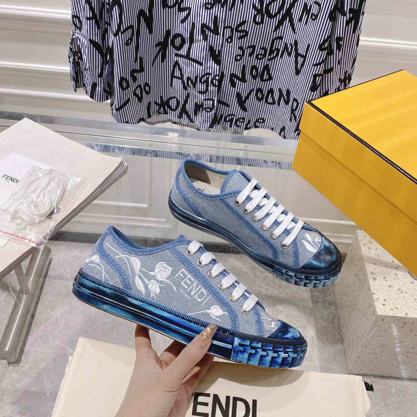 Fendi Domino Light Blue Denim Low Tops Sneakers - DesignerGu