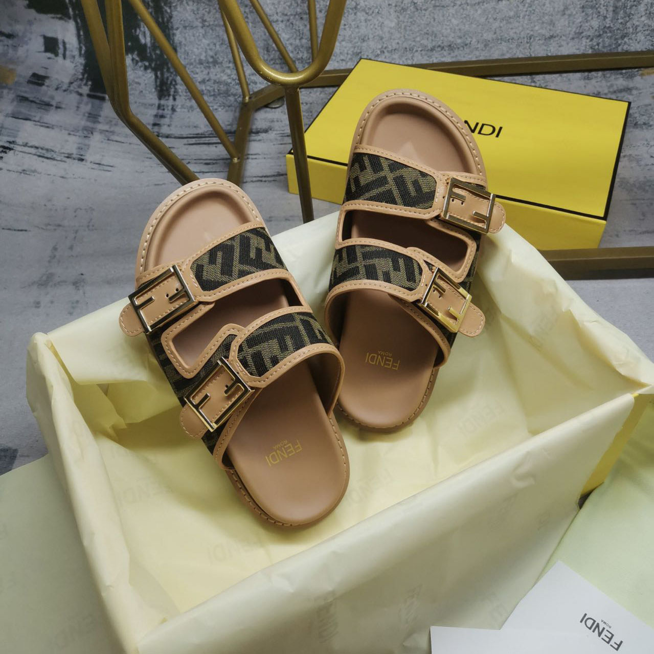 Fendi Feel Brown FF Fabric Slides - DesignerGu