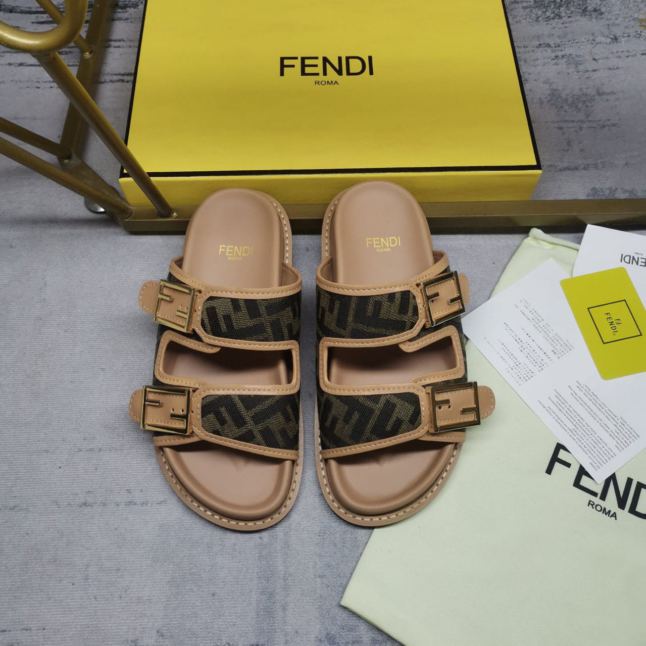 Fendi Feel Brown FF Fabric Slides - DesignerGu