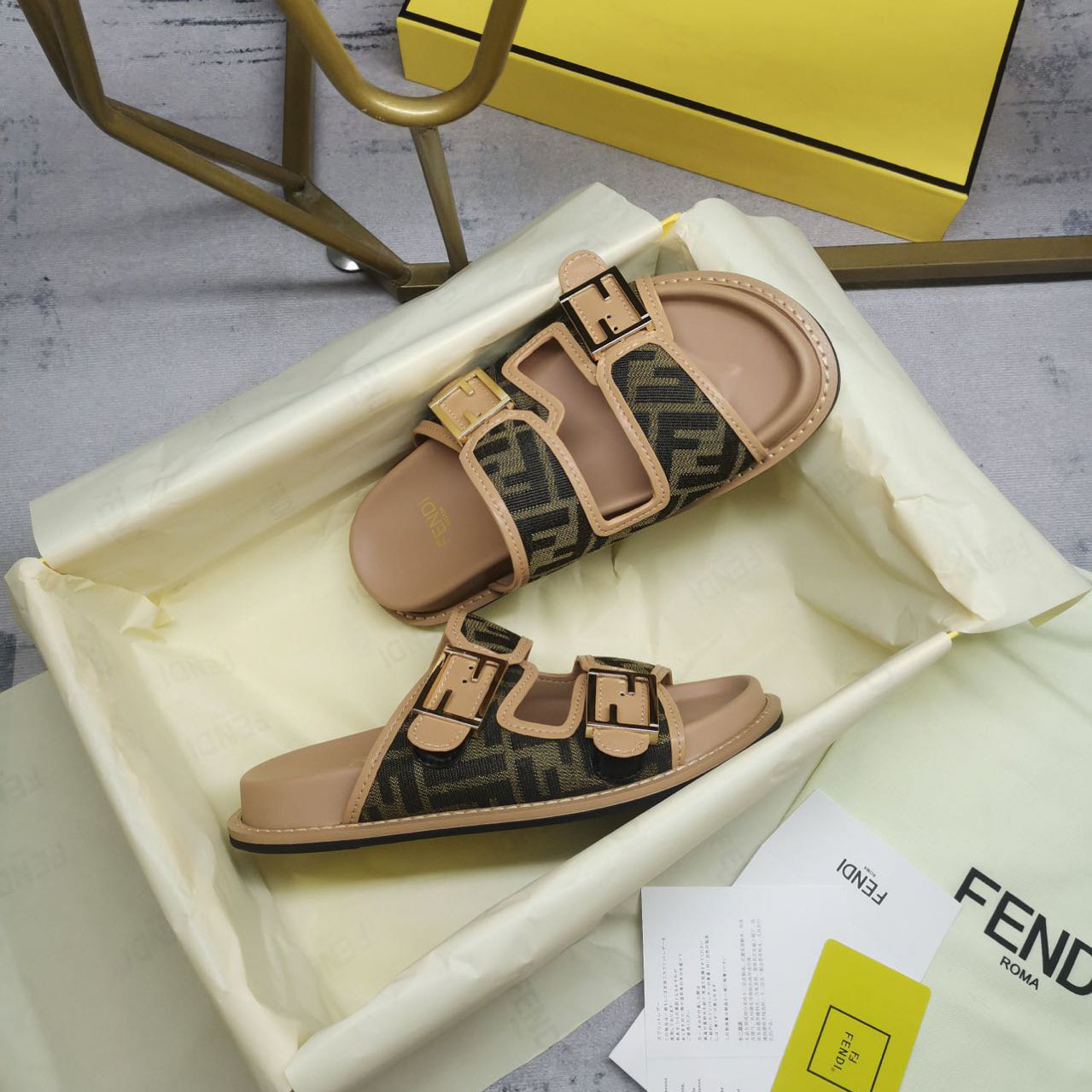 Fendi Feel Brown FF Fabric Slides - DesignerGu