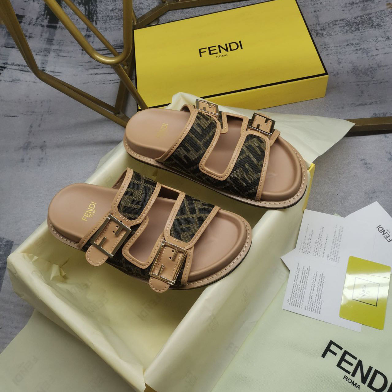 Fendi Feel Brown FF Fabric Slides - DesignerGu