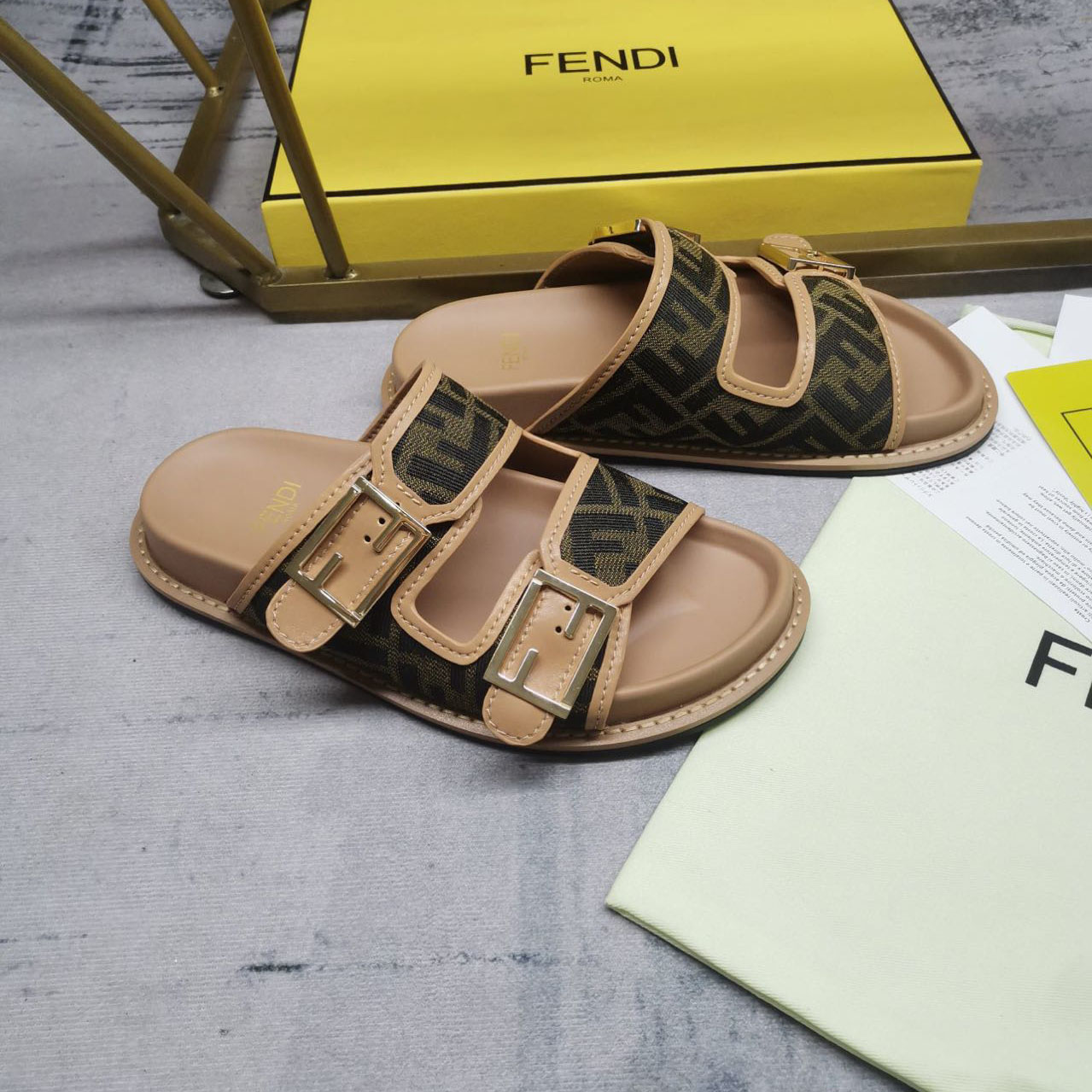 Fendi Feel Brown FF Fabric Slides - DesignerGu