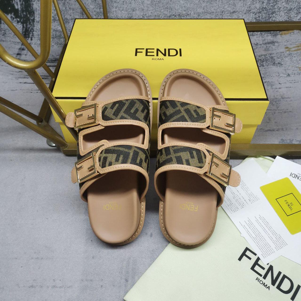 Fendi Feel Brown FF Fabric Slides - DesignerGu