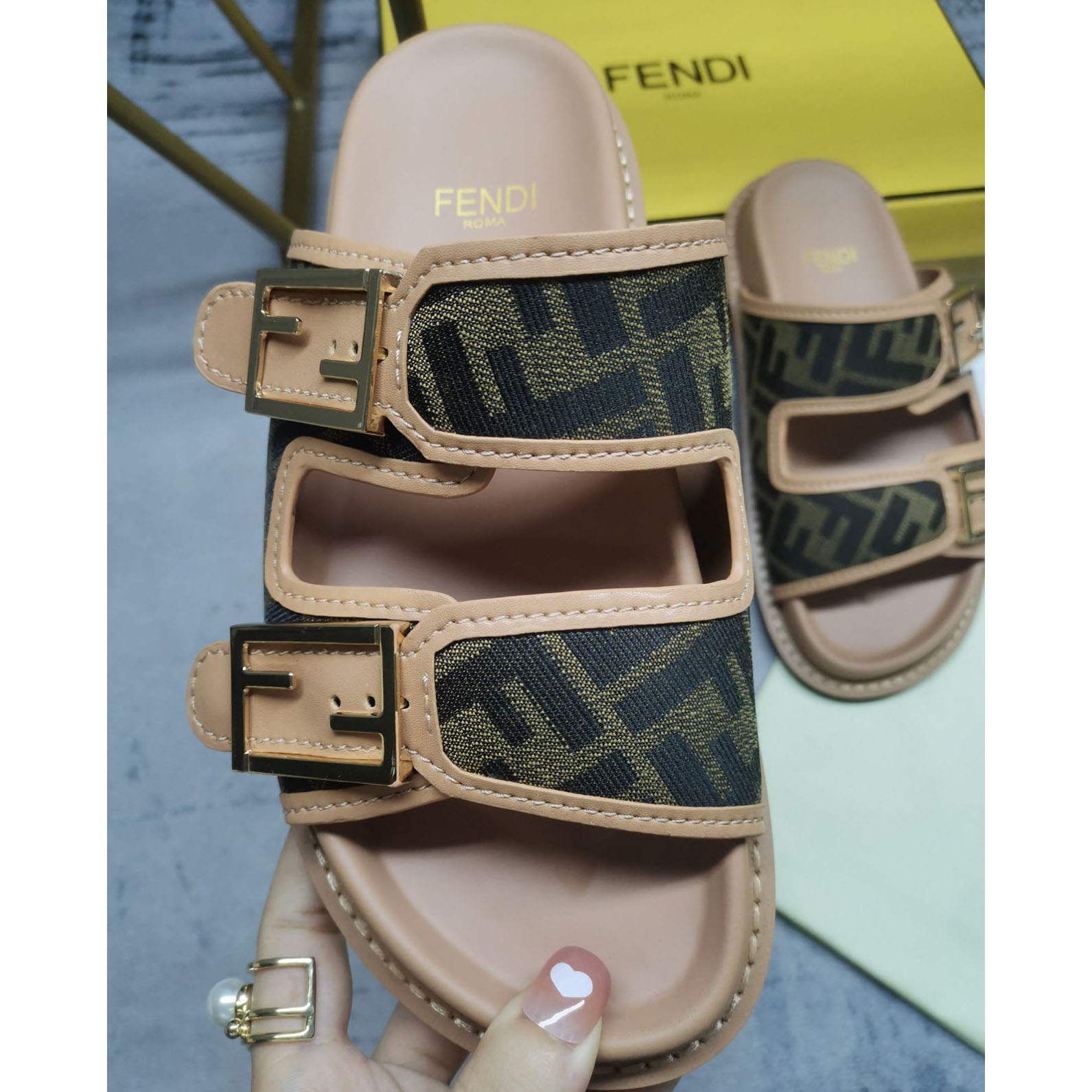 Fendi Feel Brown FF Fabric Slides - DesignerGu