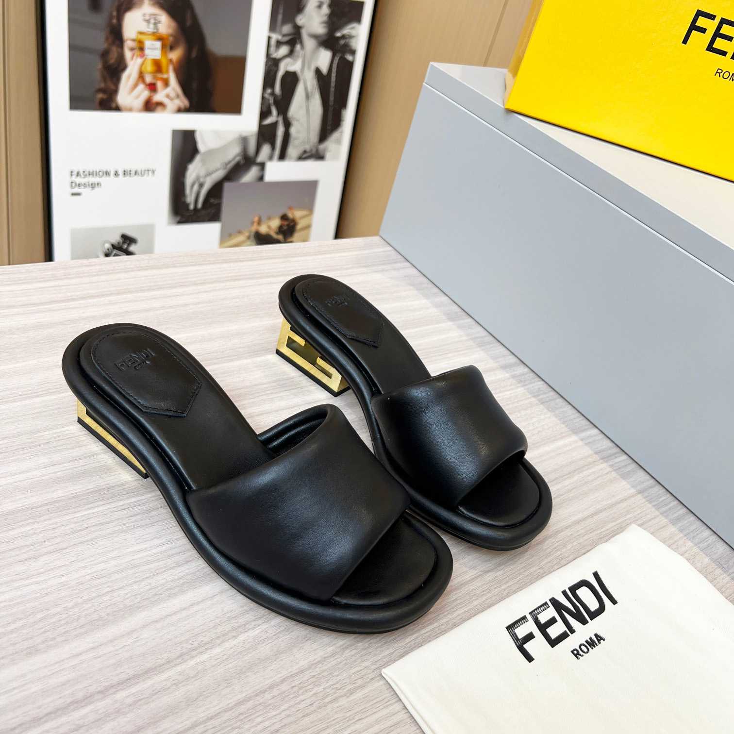 Fendi Baguette Black Nappa Leather Slides - DesignerGu