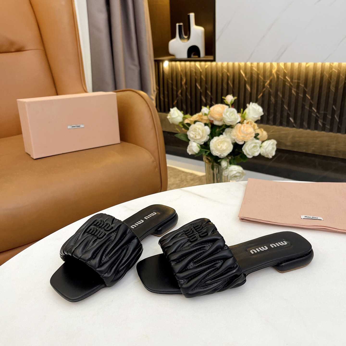 Miu Miu Matelassé Nappa Leather Slides - DesignerGu