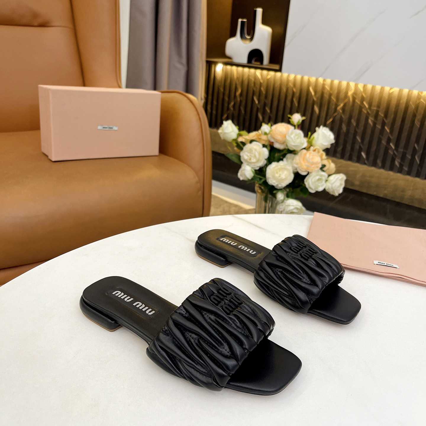 Miu Miu Matelassé Nappa Leather Slides - DesignerGu