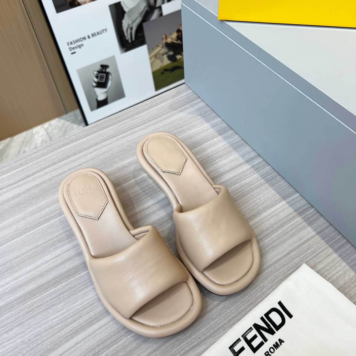 Fendi Baguette Beige Nappa Leather Slides - DesignerGu