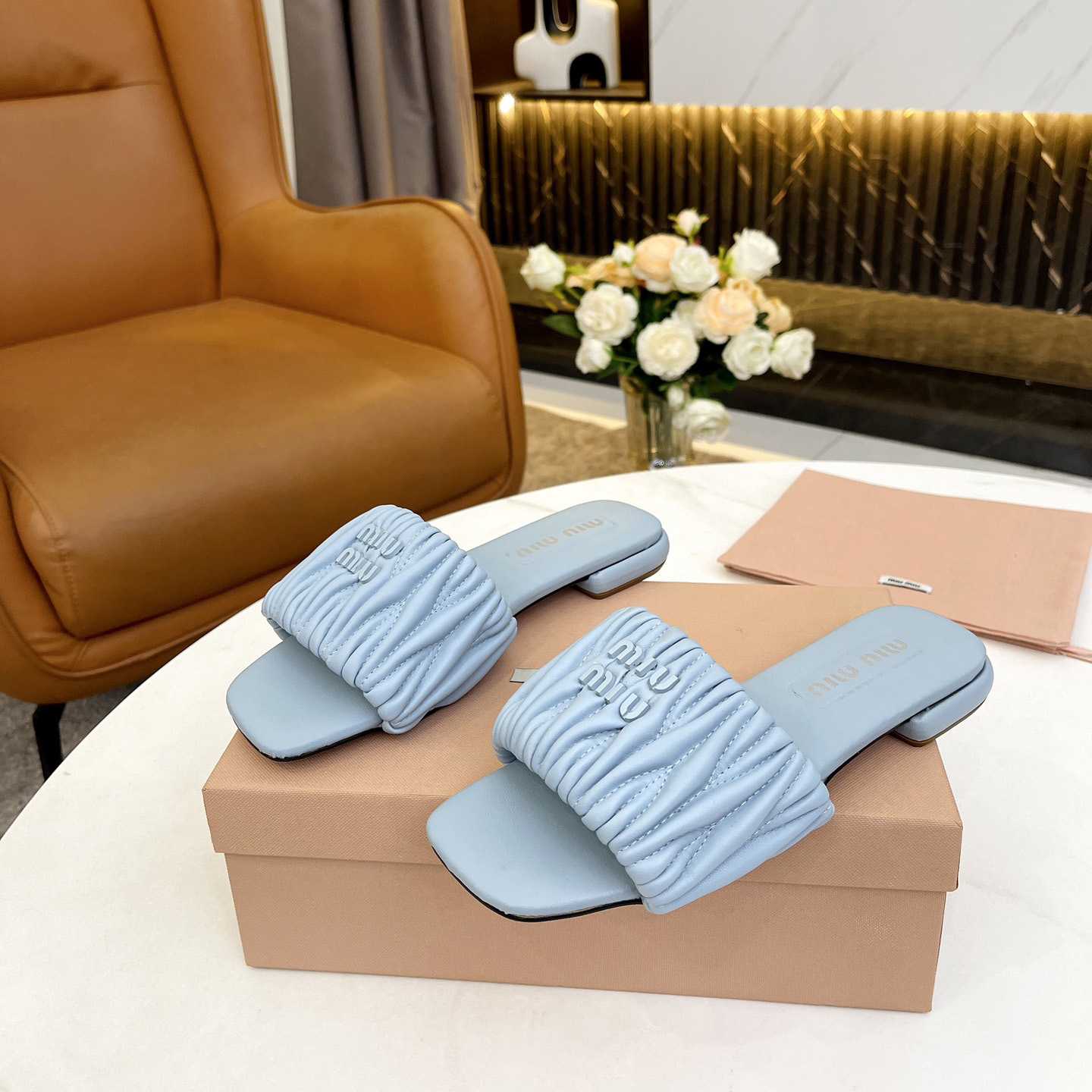 Miu Miu Matelassé Nappa Leather Slides - DesignerGu