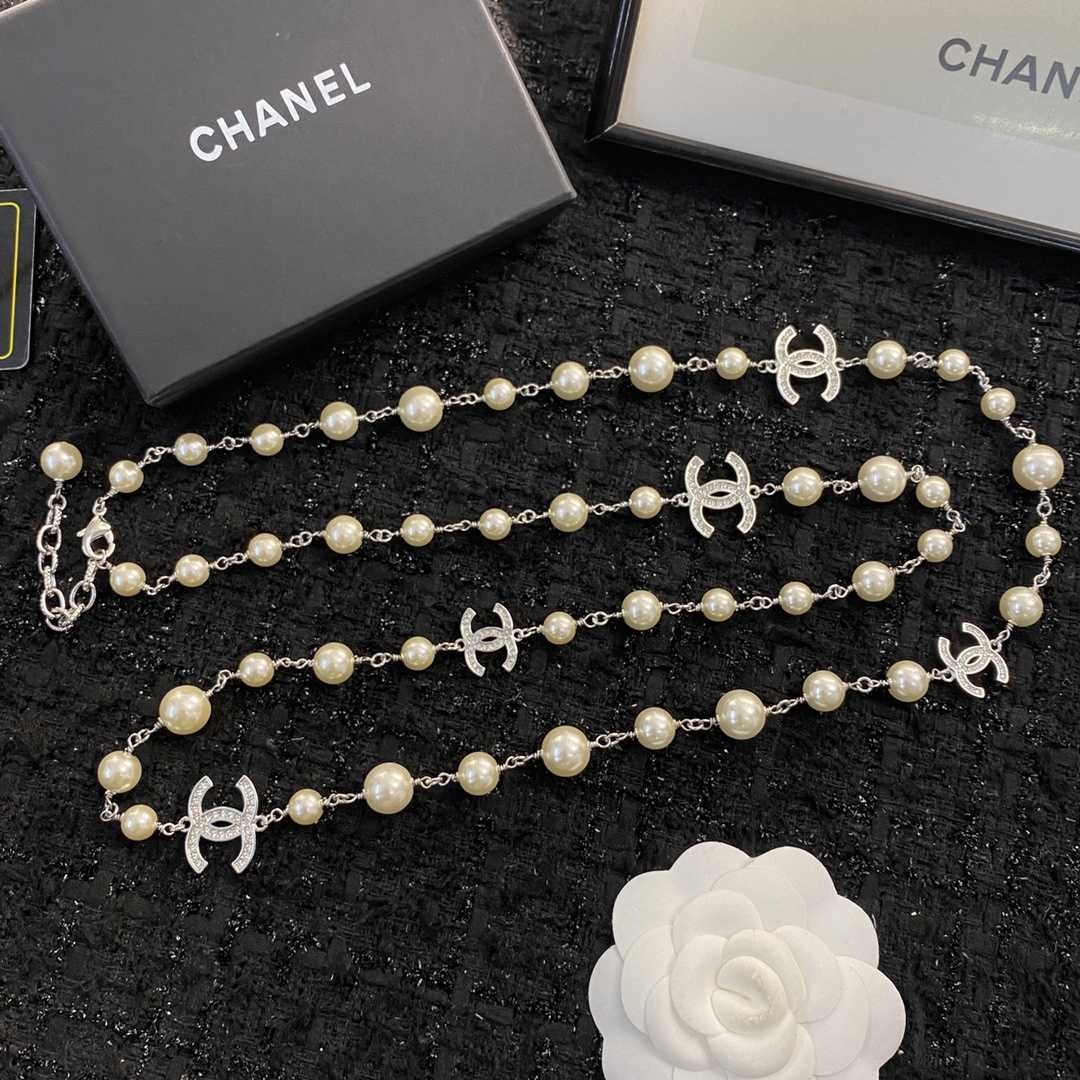 Chanel Pearl Necklace Sautoir with CC Logos & Crystals - DesignerGu