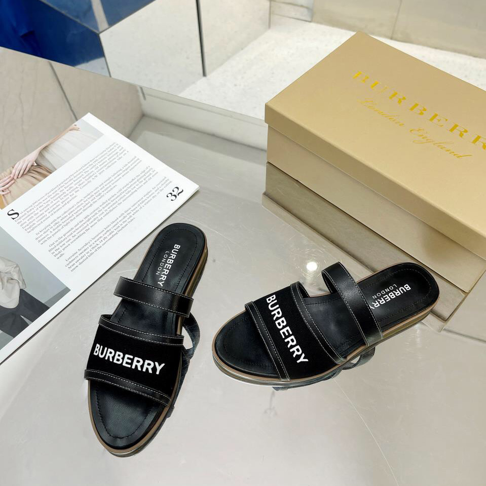 Burberry Women's Black Logo-appliquéd Leather And Cotton-canvas Slides - DesignerGu