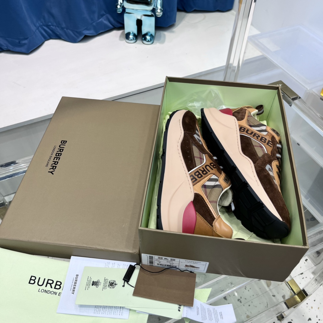 Burberry Logo Print Check And Suede Sneakers - DesignerGu