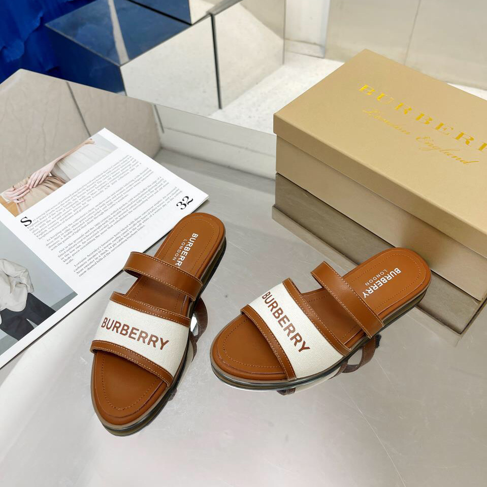 Burberry Women's Brown Logo-appliquéd Leather And Cotton-canvas Slides - DesignerGu