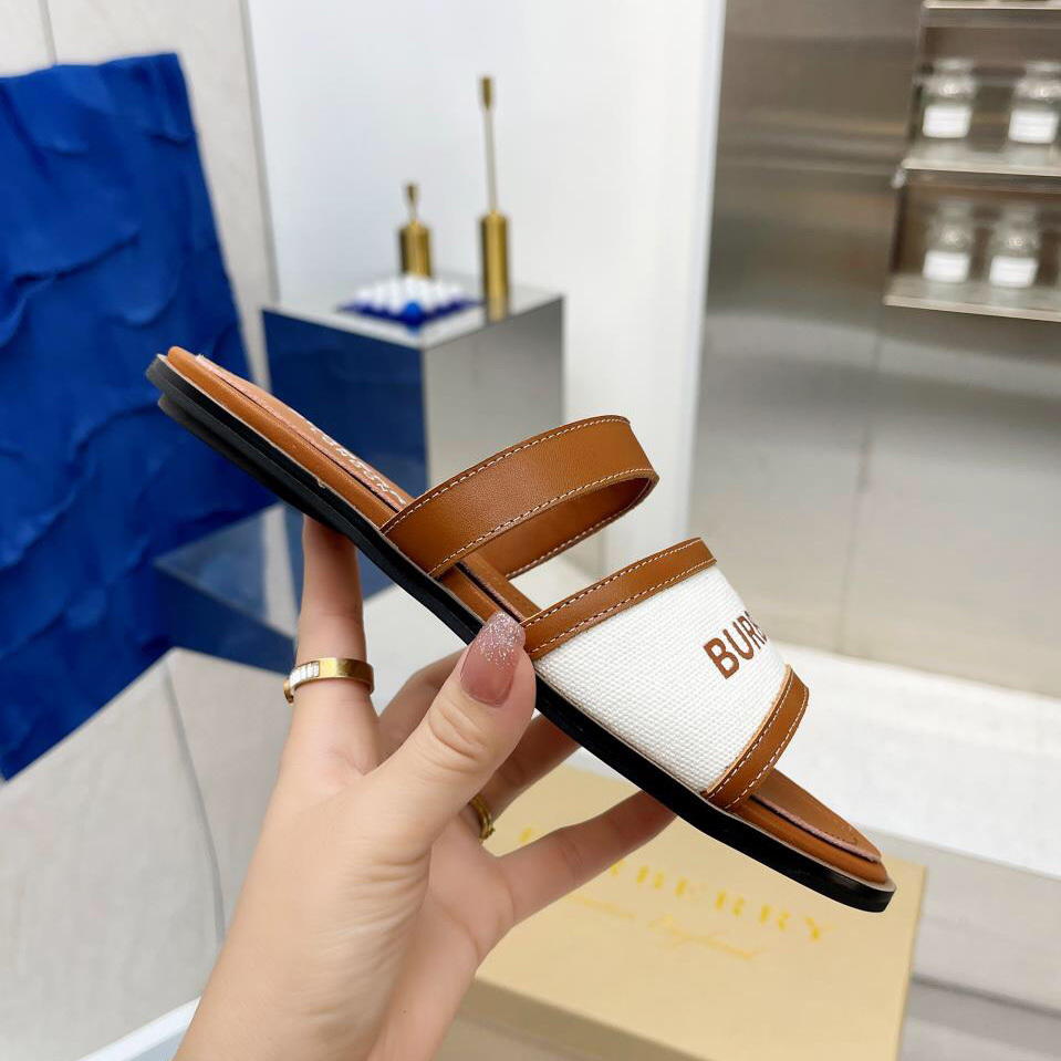 Burberry Women's Brown Logo-appliquéd Leather And Cotton-canvas Slides - DesignerGu