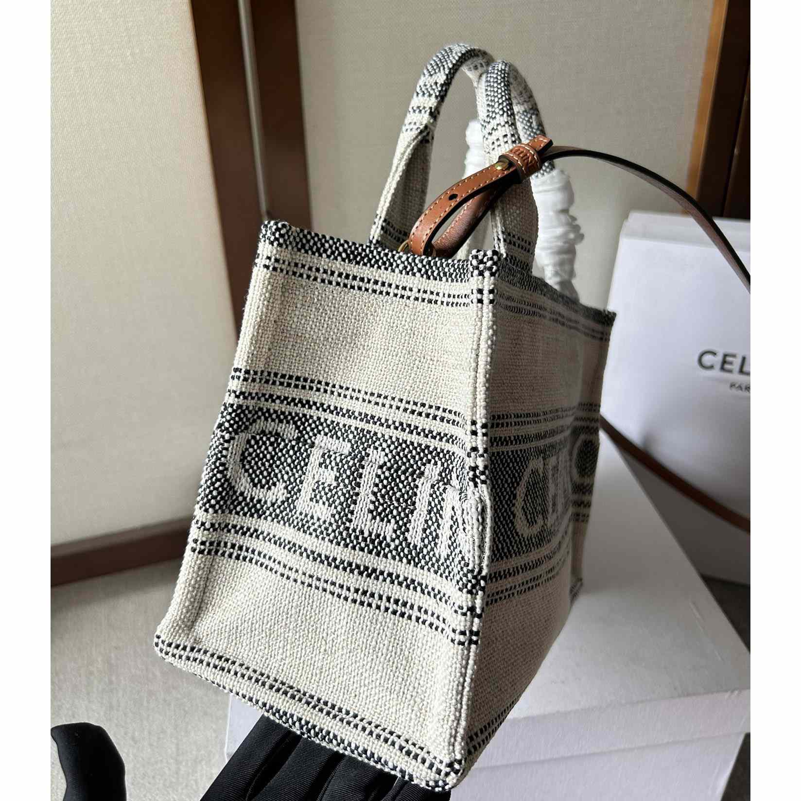 Celine Small Cabas Thais In Striped Textile With Celine jacquard White / Black  - DesignerGu