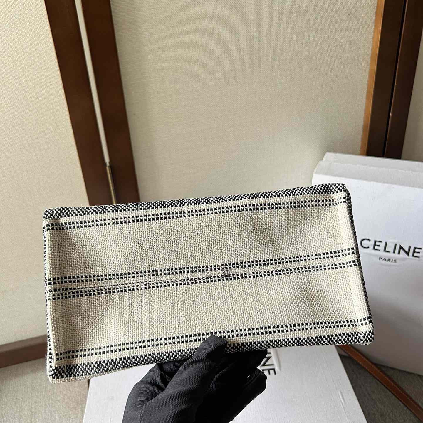 Celine Small Cabas Thais In Striped Textile With Celine jacquard White / Black  - DesignerGu