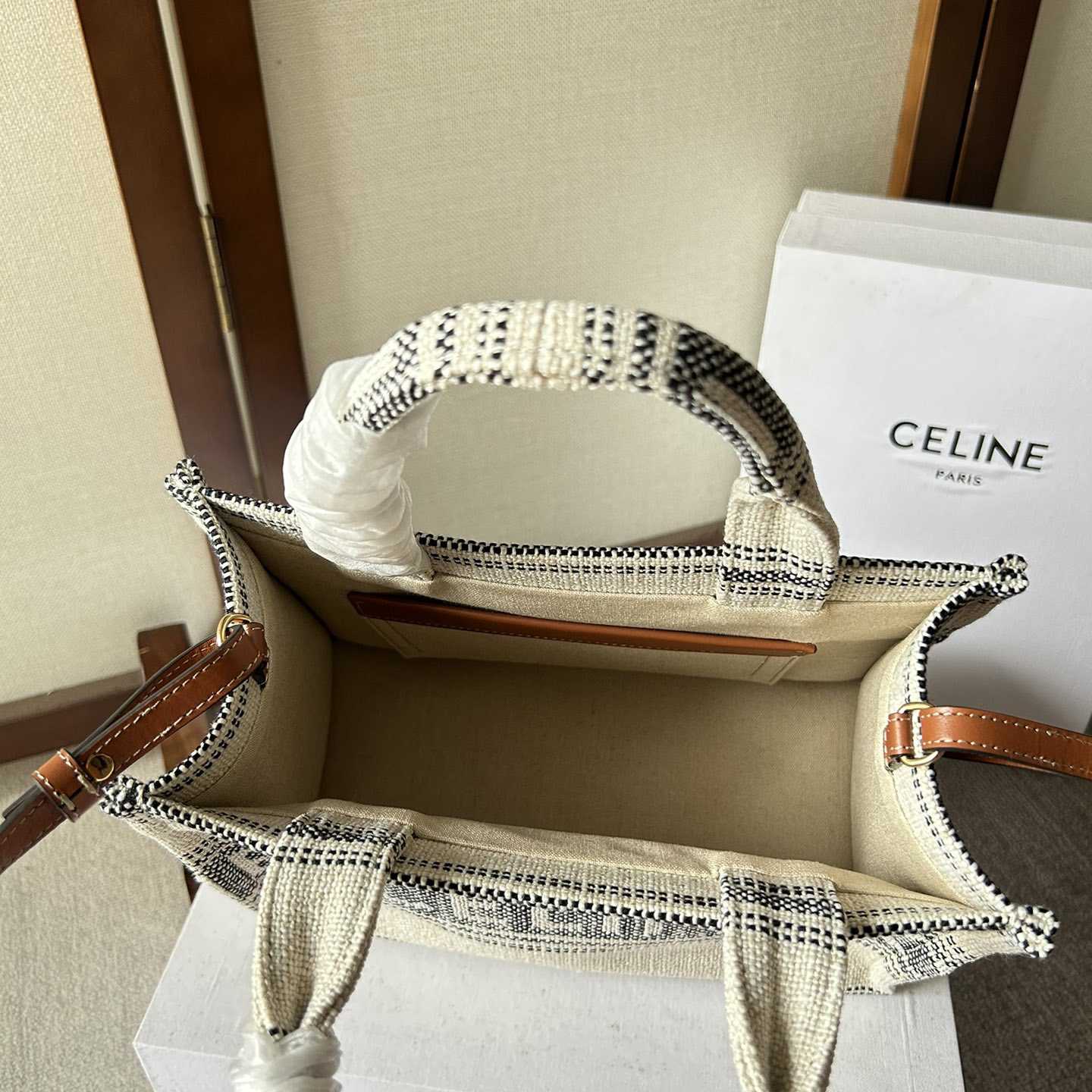 Celine Small Cabas Thais In Striped Textile With Celine jacquard White / Black  - DesignerGu