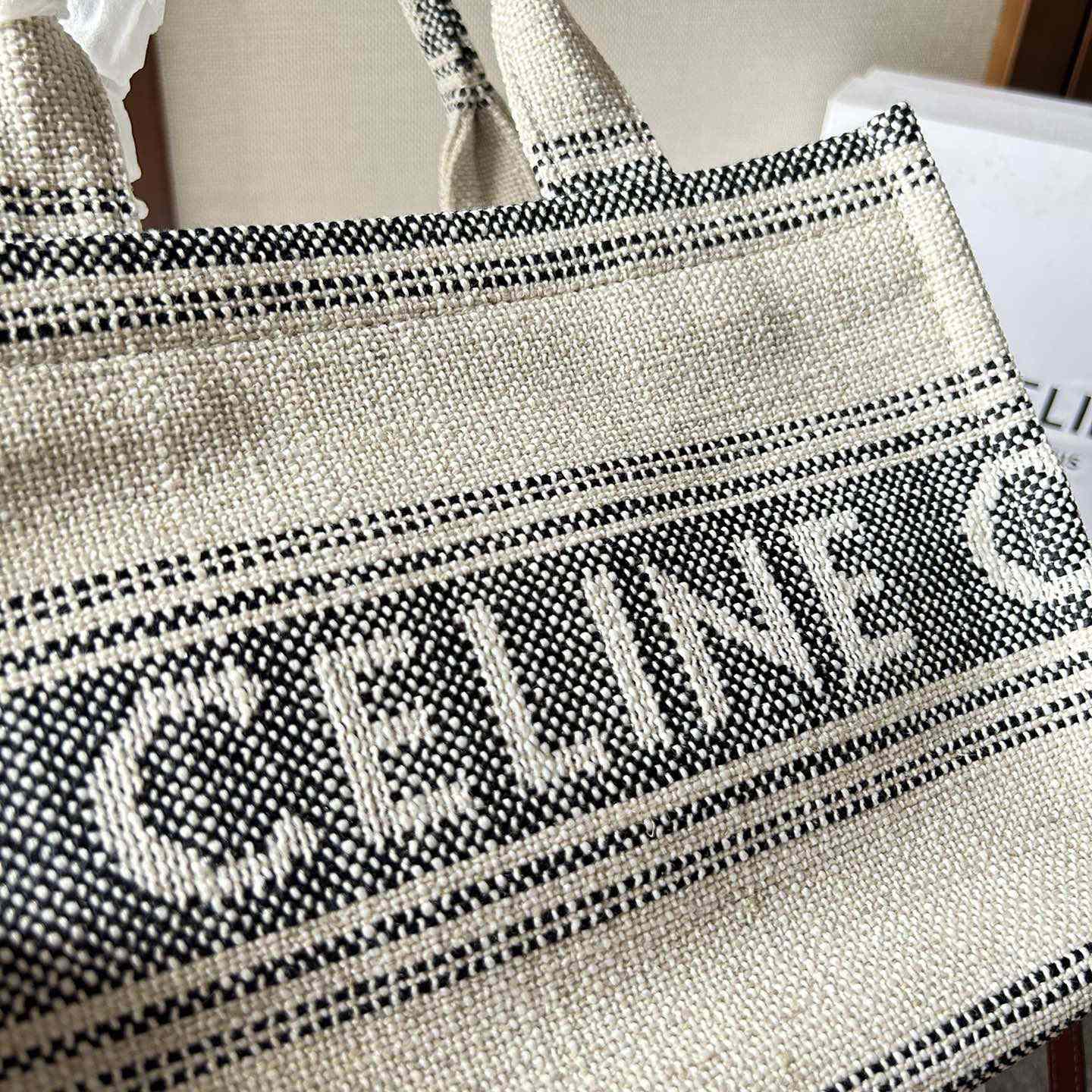 Celine Small Cabas Thais In Striped Textile With Celine jacquard White / Black  - DesignerGu