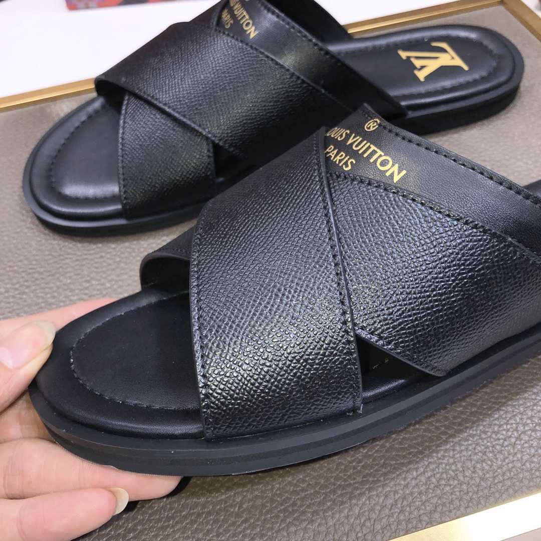 Louis Vuitton Black Leather Foch Cross Strap Flat Slides - DesignerGu