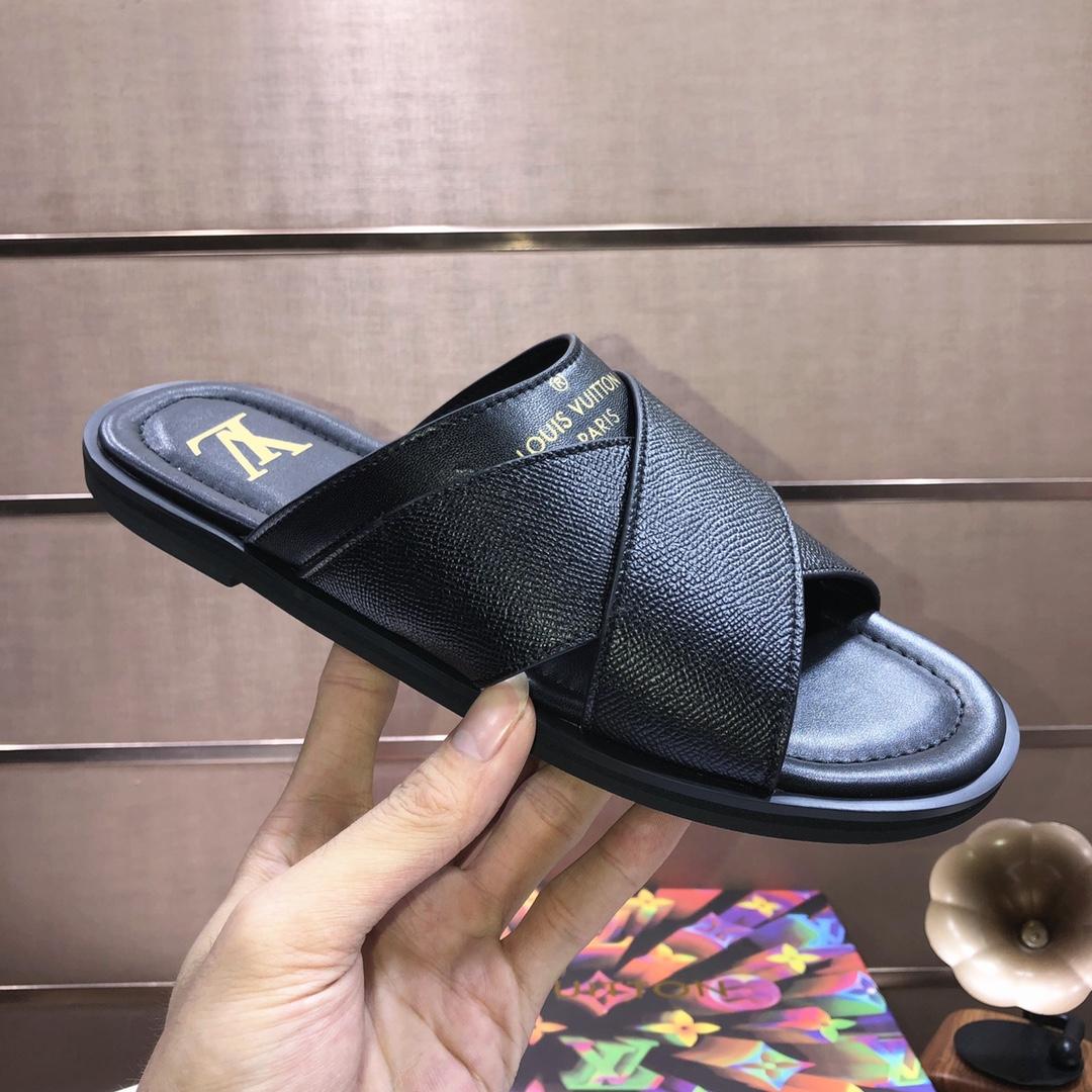 Louis Vuitton Black Leather Foch Cross Strap Flat Slides - DesignerGu