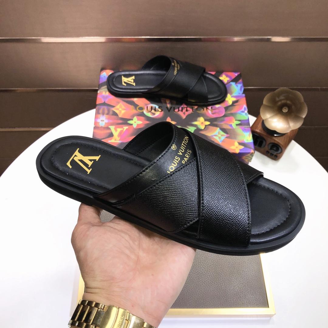 Louis Vuitton Black Leather Foch Cross Strap Flat Slides - DesignerGu