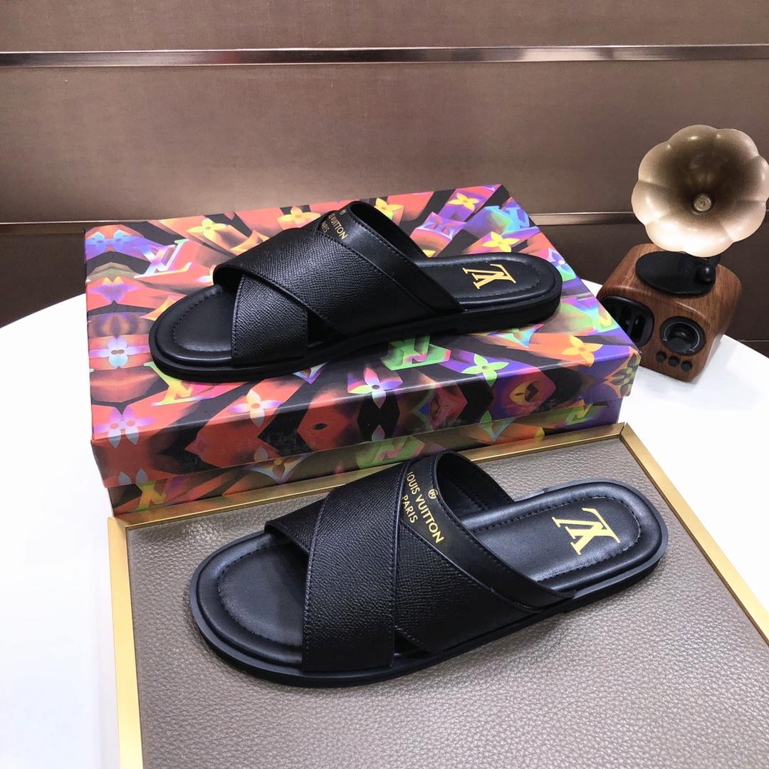 Louis Vuitton Black Leather Foch Cross Strap Flat Slides - DesignerGu