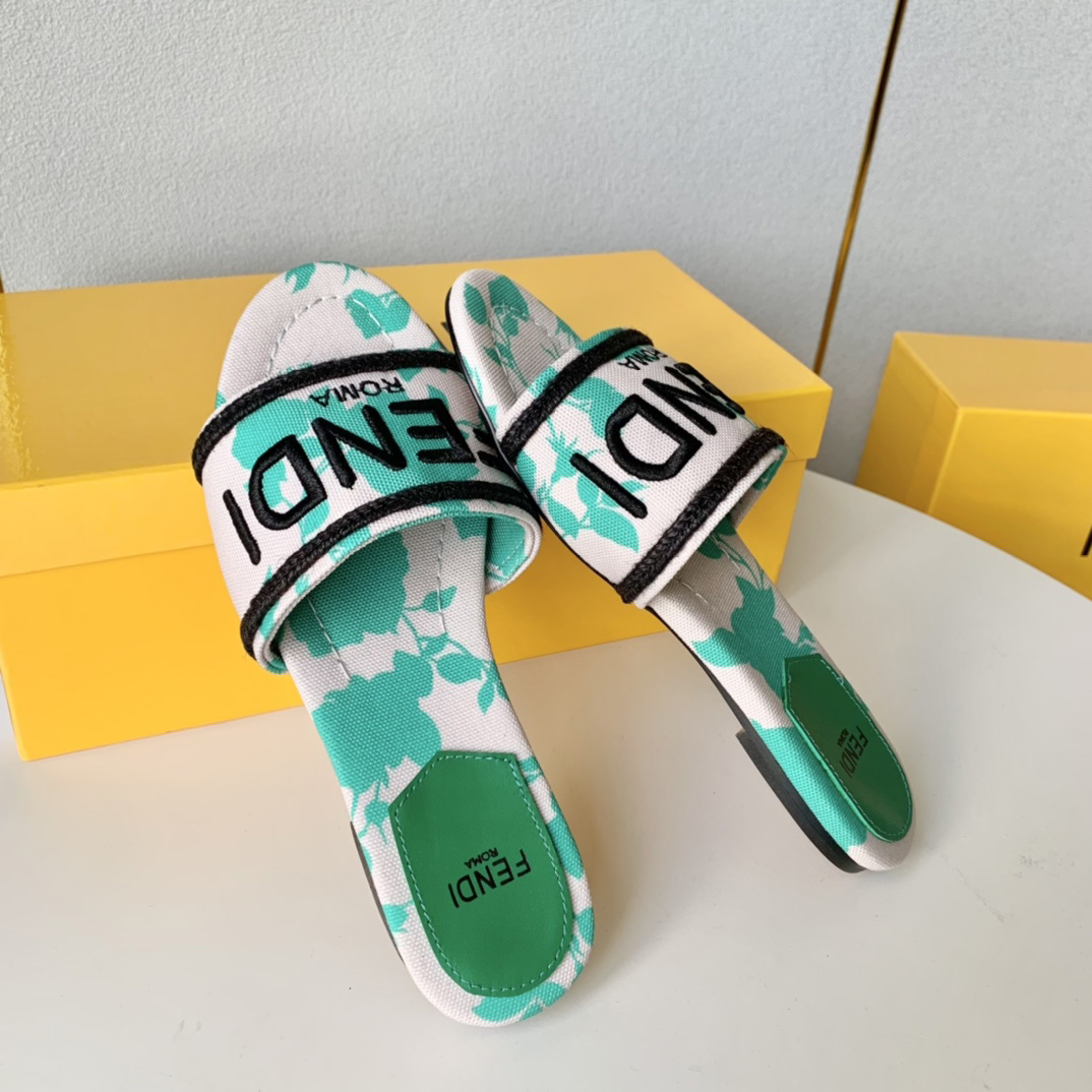 Fendi Signature Green Canvas Slides - DesignerGu