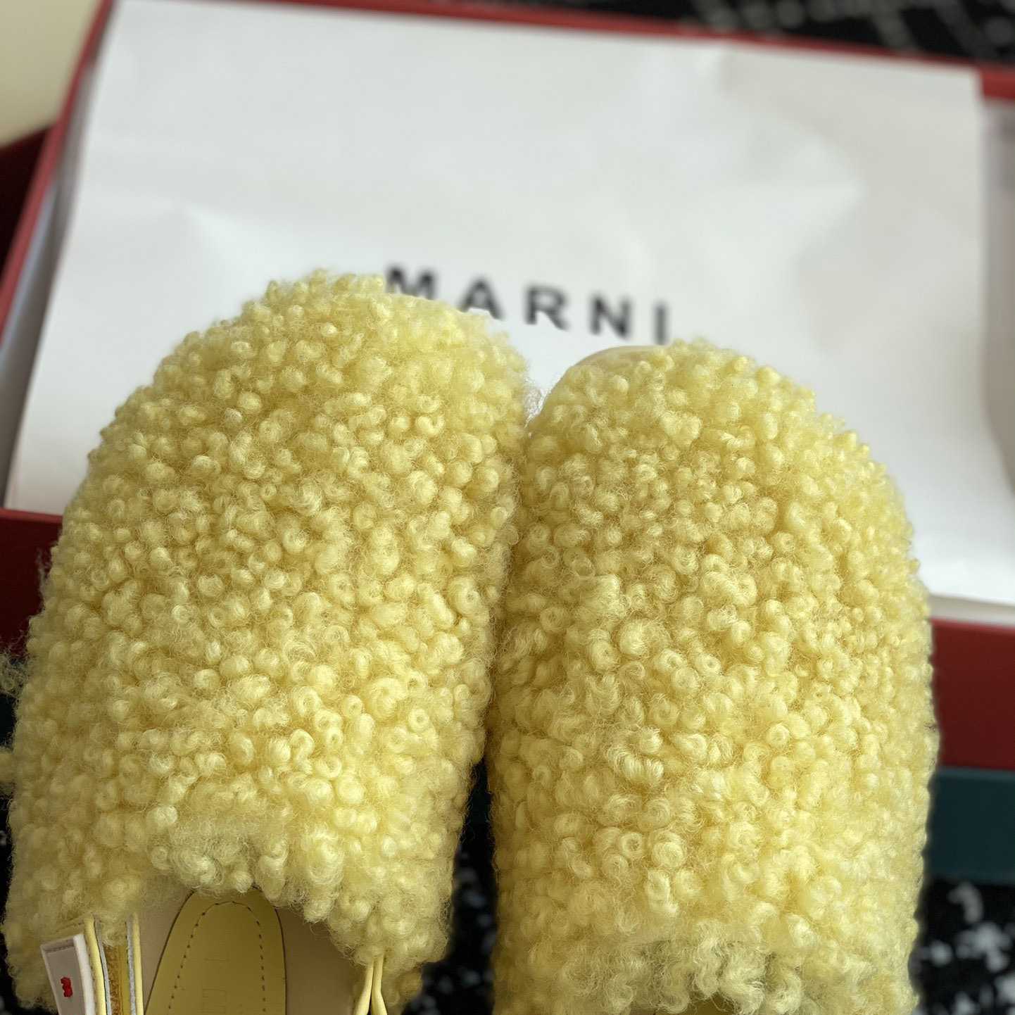 Marni Light Yellow Shearling Sabot - DesignerGu