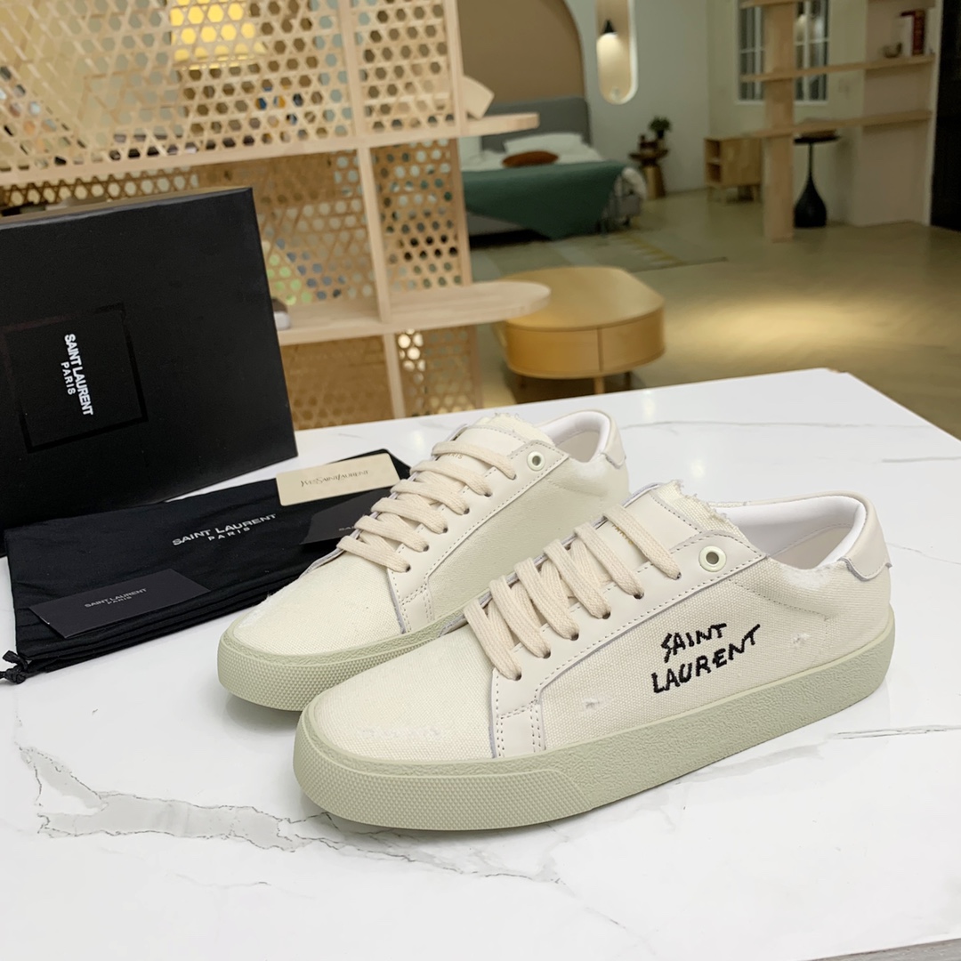 Saint Laurent Court Classic Sl/06 Sneakers Embroidered With Saint Laurent,In White Worn-look Fabric And Leather - DesignerGu