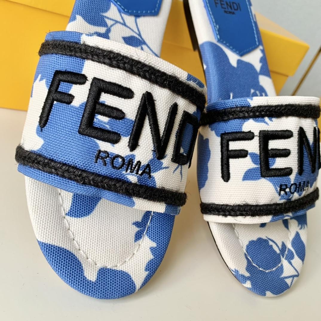 Fendi Signature Blue Canvas Slides - DesignerGu